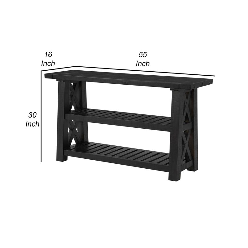 Elena 55 Inch Sofa Console Table, 2 Shelves, Industrial Bolts, Black FInish-Benzara