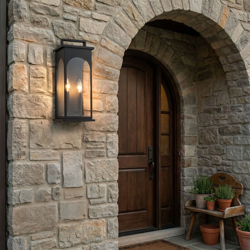 2-Light H19&rdquo; Outdoor Wall Lantern Large Black Exterior Wall Light with Clear Tempered Glass and Dusk to Dawn Sensor for Front Door, Garage & Entryway image number 2
