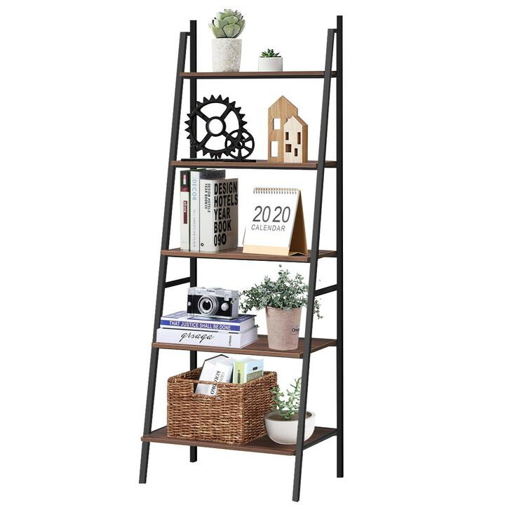 5-Tier Leaning Bookshelf, Wood and Metal Bookcase for Stylish Home Organization and Display