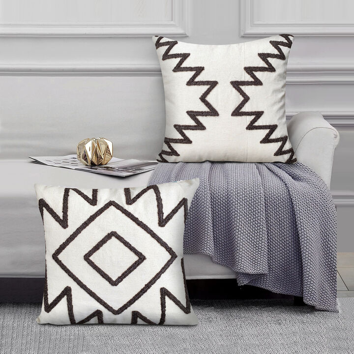 17 x 17 Inch 2 Piece Square Cotton Accent Throw Pillow Set with Modern Geometric Aztec Design Embroidery, White, Gray