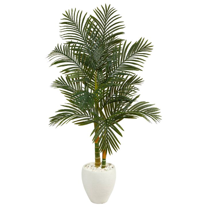 Nearly Natural 5.5-in Golden Cane Artificial Palm Tree in White Planter