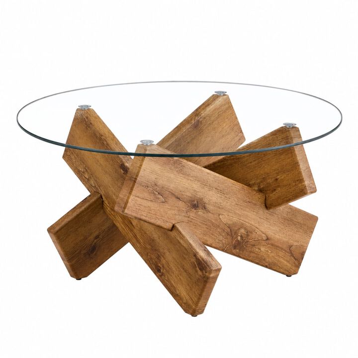 GOODSILO Modern Circular Tempered Glass Coffee Table 33.4 Inch Round Tea Table with Sturdy MDF Legs Ideal for Living Room and Farmhouse Decor