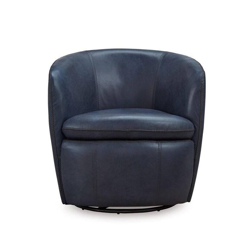 Niko Swivel Accent Chair, Round Barrel Design, Blue Top Grain Leather
