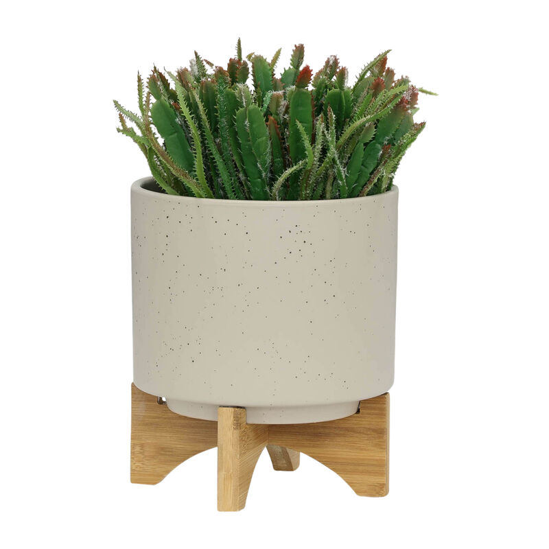 Planter with Wood Stand, Matte Beige Set