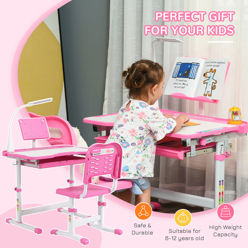 Qaba Kids Desk and Chair Set with Tilt Desktop, Storage Drawer, Pink