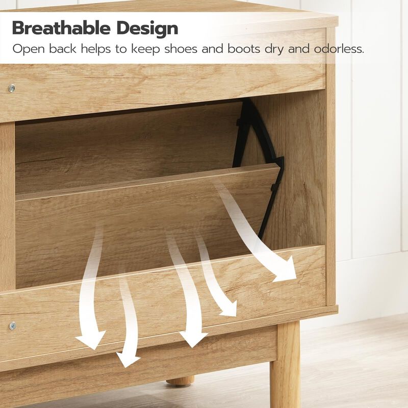 Rattan Shoe Bench with Flip-Top Drawers, Storage Organizer for Entryway image number 6