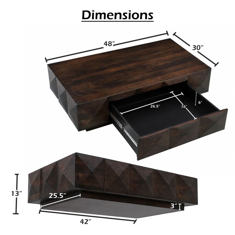 Jisaku 48 Inch Coffee Table with Storage Drawer, 3D Diamond Carved Panels, Walnut Brown Mango Wood image number 4