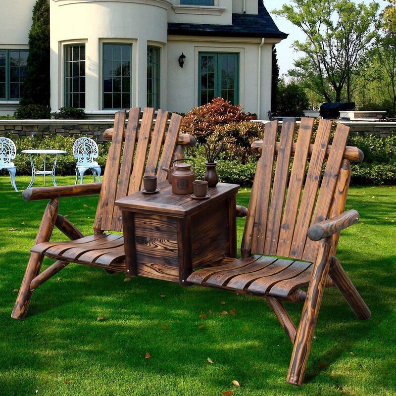 Wooden Double Adirondack Chair Loveseat with Inset Ice Bucket, Rustic Aesethic, & Weather-Resistant Materials image number 2