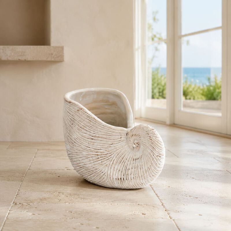 WOW PIONEER Decorative Sand and Cement Nautilus Shell Planter with Textured Beige Finish - 11.5x6.7x7.7 Inches for Coastal Decor image number 2
