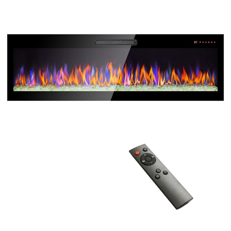 MONDAWE 60 Inch Recessed Ultra Thin Tempered Glass Front Wall Mounted Electric Fireplace With Remote And Multi Color Flame & Emberbed, LED Light Heater