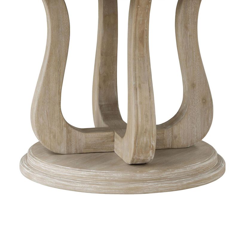 Eva Round Dining Table, Pedestal Base, White Washed Brown Wood 60 Inch - Benzara