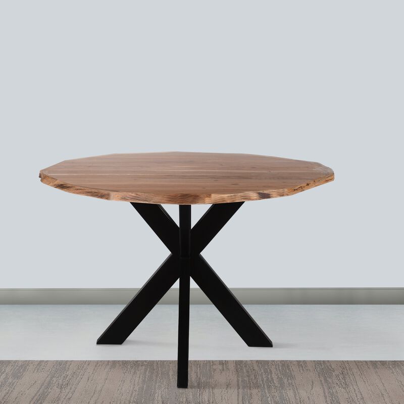 41 Inch Handcrafted Live Edge Round Dining Table with a Natural Brown Acacia Wood Top and Black Iron Legs-Benzara image number 7