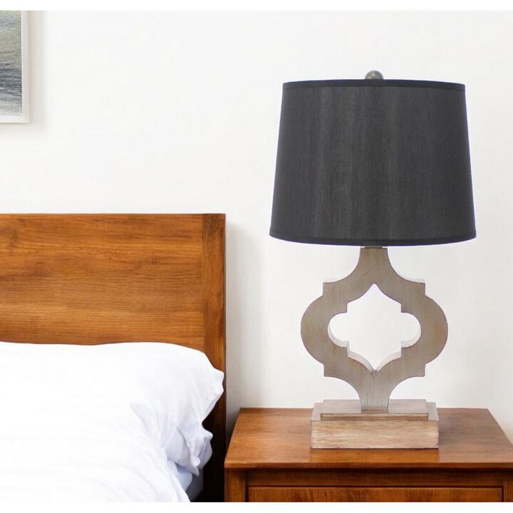 Hivvago 25" Distressed Brown Wood Novelty Bedside Lamp With Black Drum Shade