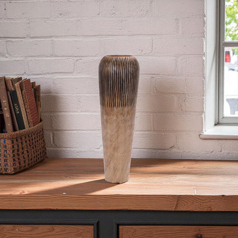 Carved Mango Wood Vase for Rustic Shelf, Console Table, or Mantel Display