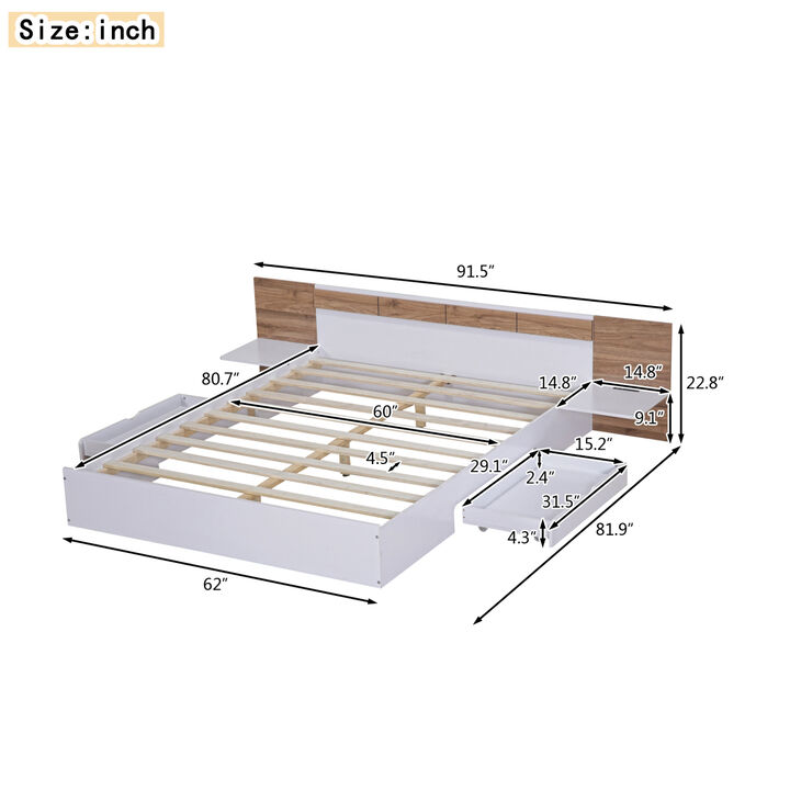 Queen Size Platform Bed with Headboard, Drawers, Shelves, USB Ports and Sockets, White (Expected Arrival Time:7.18)