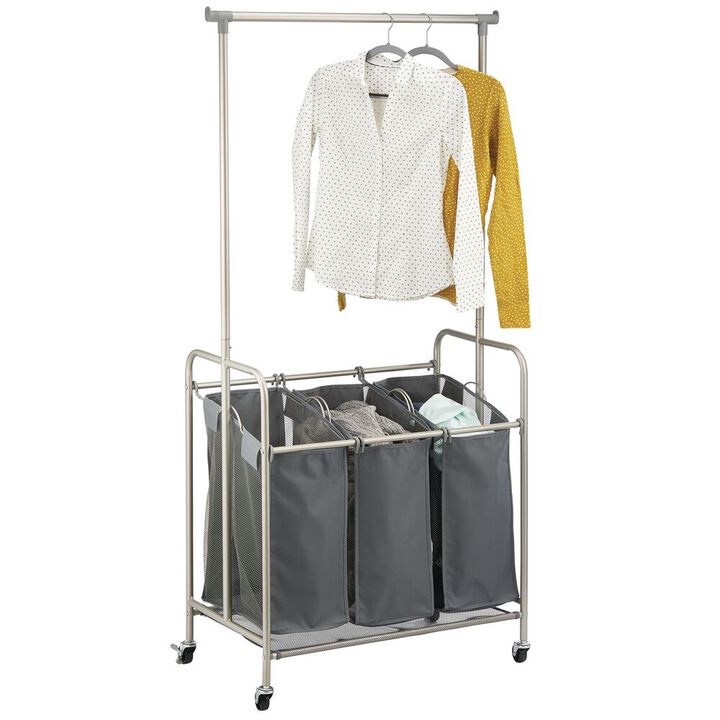 mDesign Portable Laundry Sorter with Wheels and Steel Hanging Bar - Bronze/Beige
