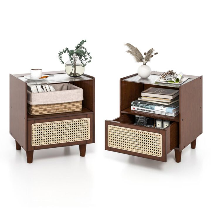 Hivvago 2 Pieces Bamboo Rattan Nightstand with Drawer and Solid Wood Legs