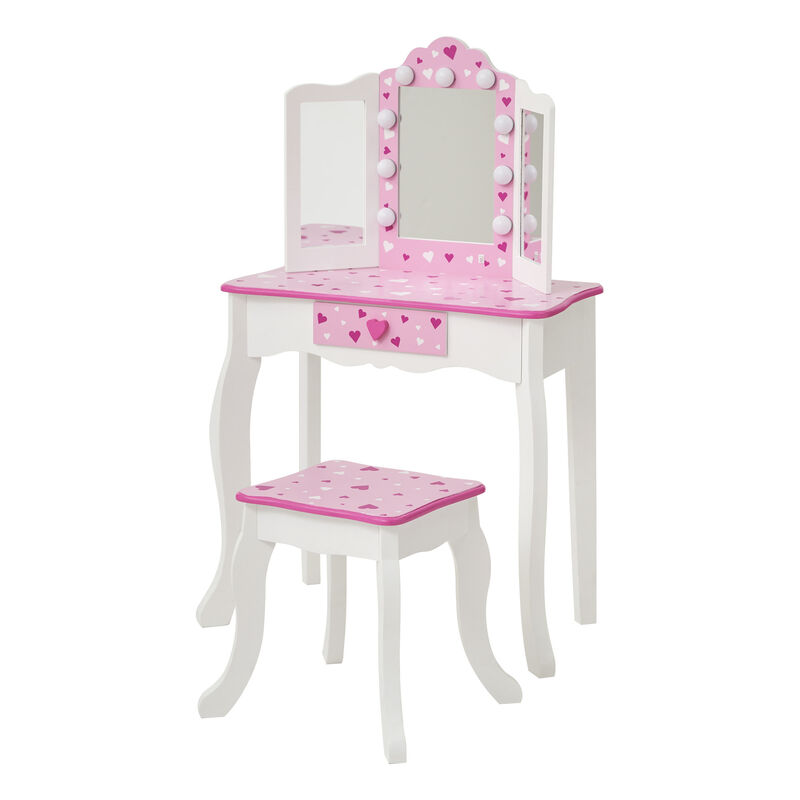 Gisele Sweethearts Kids Vanity Table & Stool w/ LED, White & Pink image number 3