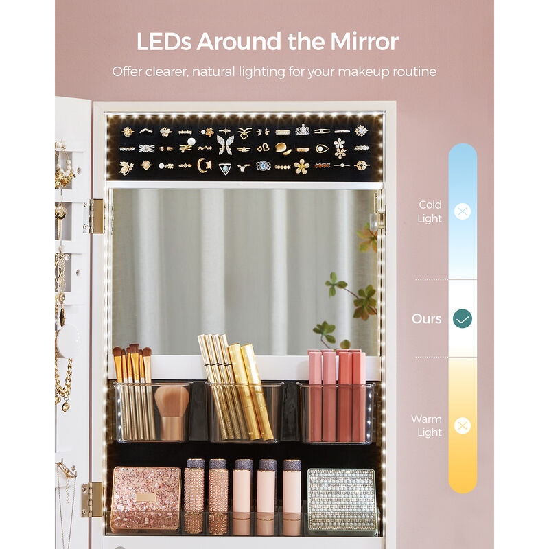 Jewelry Cabinet Armoire with LED Lights - Wall-Mounted with Full-Length Frameless Mirror
