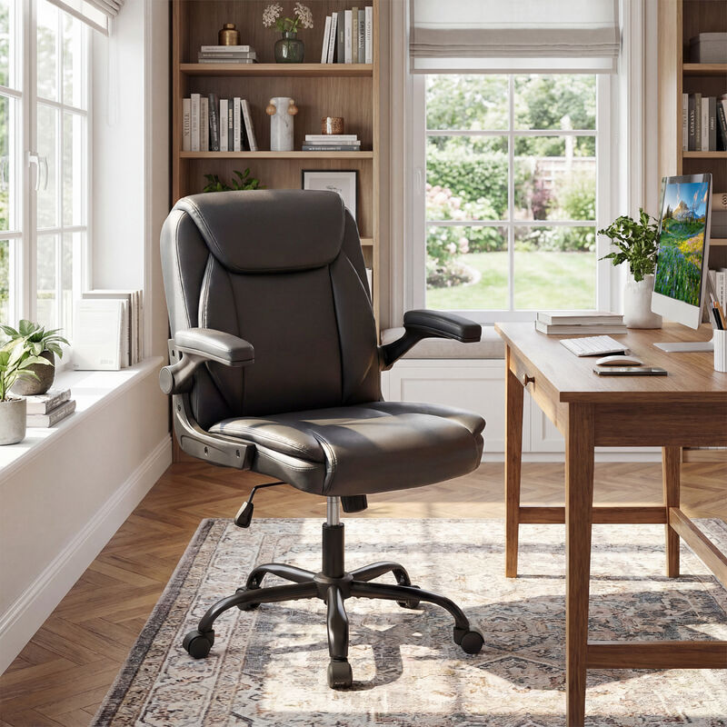 Leather Office Desk Chair with Flip-Up Armrests and Adjustable Rocking Back image number 1