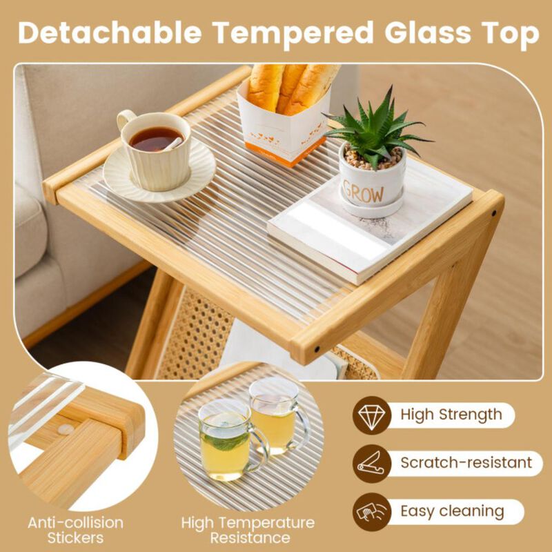 Hivvago Boho End Table with Magazine Rack and Tempered Glass Top