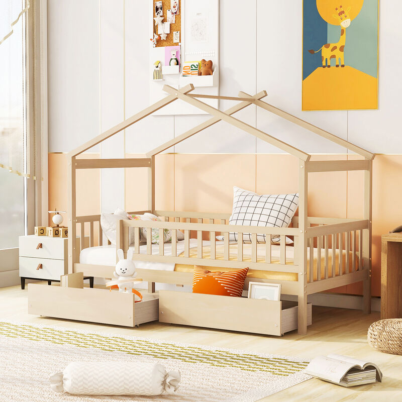 Merax Twin Size Wooden House Bed with 2 Drawers