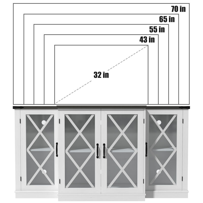 Farmhouse TV Stand for 70" TV, Wooden Media TV Console Entertainment Center with 4 Glass Door, Height Adjustable Shelves and Storage, White
