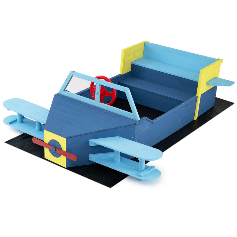 Kids Wooden Sandbox with Bottom Liner and Bench Seats - Blue image number 4