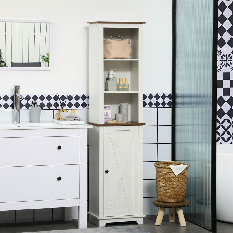 kleankin Tall Bathroom Cabinet Linen Tower, with Door and Shelves, White