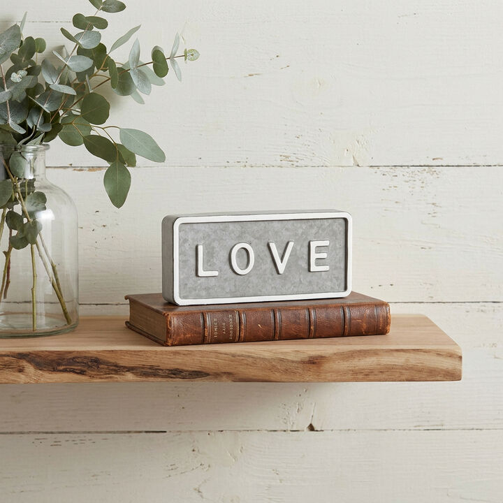 HomeRoots 4" Gray And White Galvanized Metal Love Hand Painted Tabletop Sign
