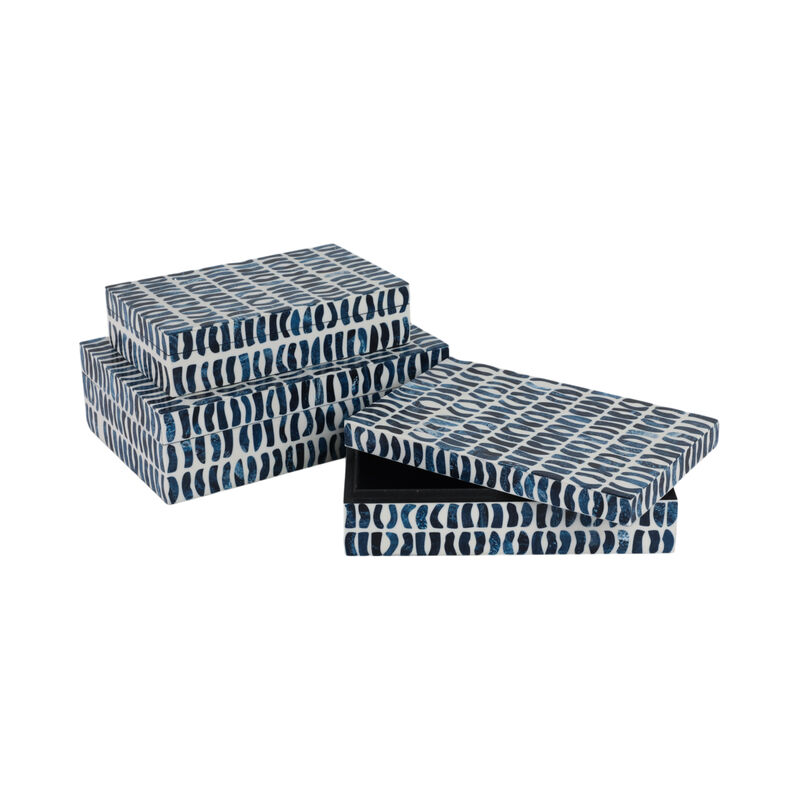 S/3 10/11/12" Boxes With Inlay Pieces, Blue/white image number 4