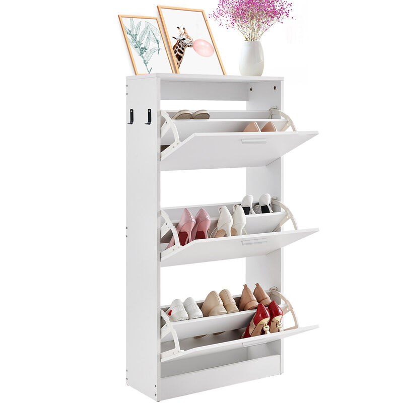 Freestanding Shoe Storage Cabinet with 3 Flip Doors and Hooks for Living Room