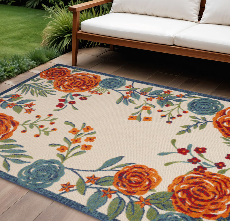 HomeRoots 6' X 9' Ivory Blue And Orange Floral Indoor Outdoor Area Rug image number 1