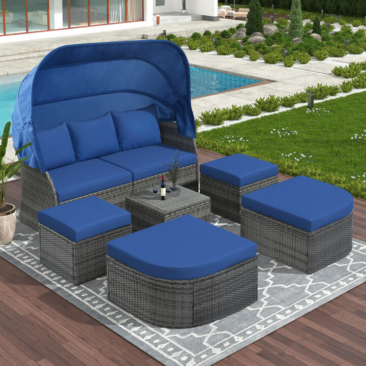 Merax Outdoor Patio Furniture Set Daybed Sunbed with Retractable Canopy Conversation Set Wicker Furniture