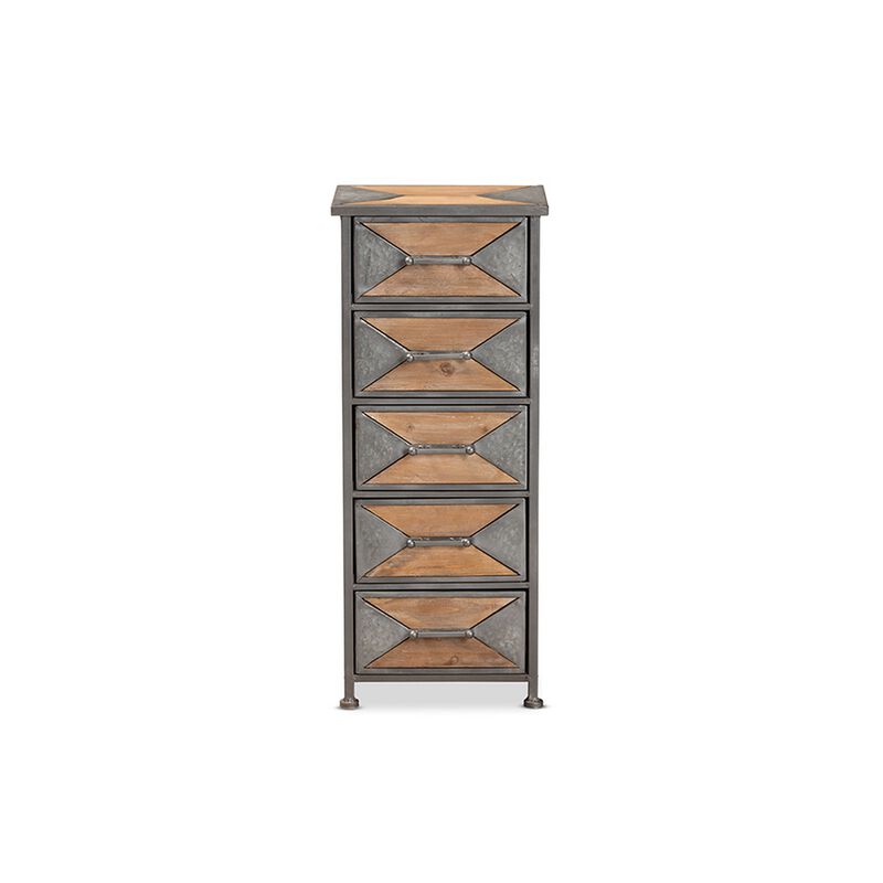 Baxton Studio Laurel Rustic Industrial Antique Grey Finished Metal and Whitewashed Oak Brown Finished Wood 5-Drawer Accent Storage Cabinet image number 2