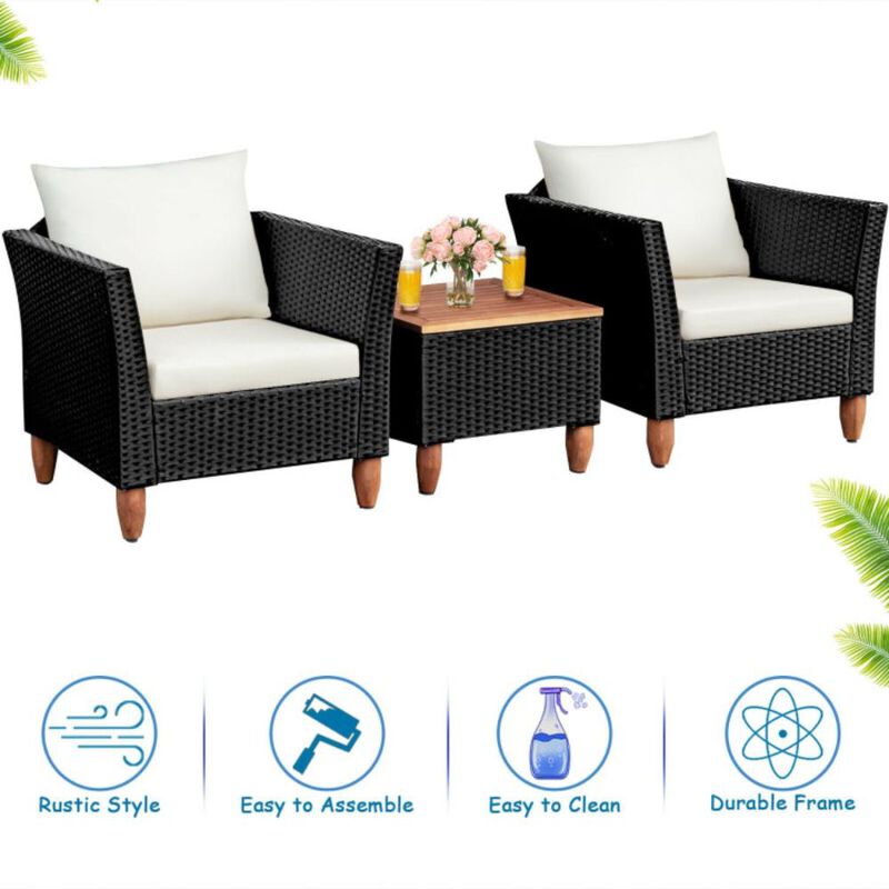 Hivvago 3 Pieces Patio Wicker Furniture Set with Cushions and Acacia Wood Coffee Table Outdoor