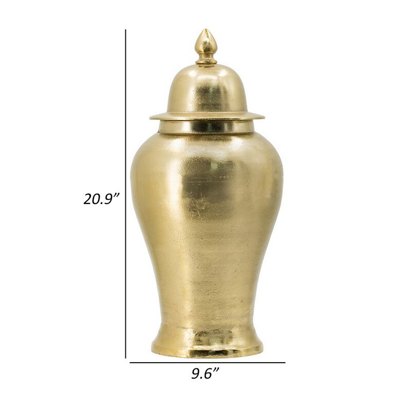 21 Inch Lidded Vase Urn, Finial Accent, Brilliant Gold Aluminum Finish - Benzara