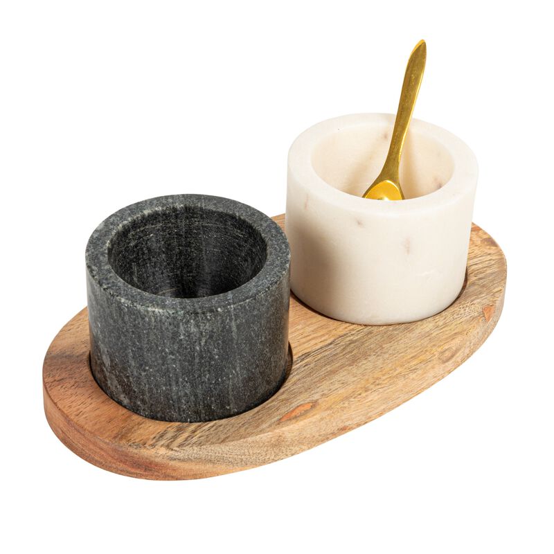 Round Marble Bowls on Mango Wood Tray with Brass Salt Spoon, White and Black, Set of 2 image number 0