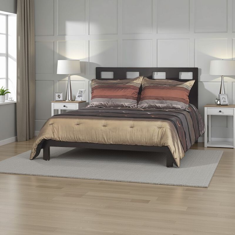 Yee King Size Platform Bed, Cut Out Panel Headboard, Espresso Brown Wood - Benzara