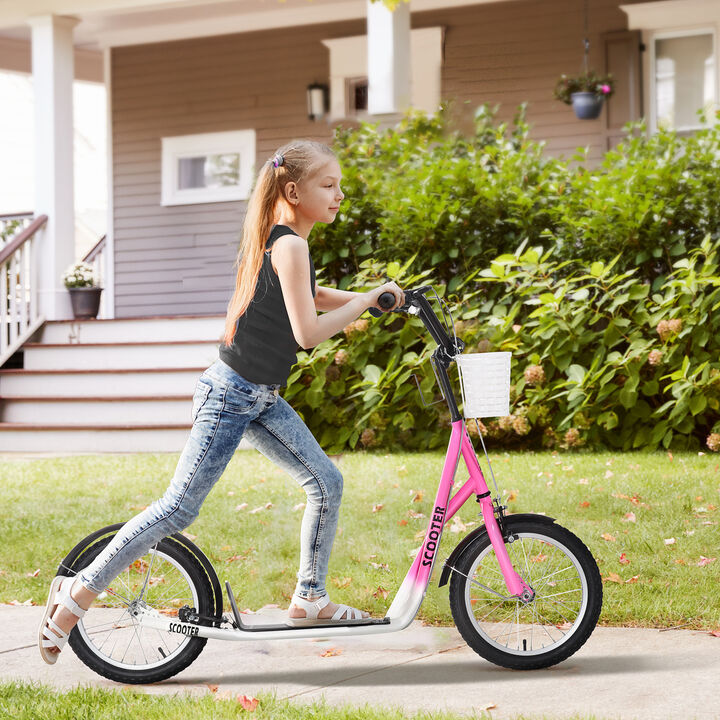 BreeBe Youth Scooter, Kick Scooter with Adjustable Handlebars, Double Brakes, 16" Inflatable Rubber Tires, Basket, Cupholder