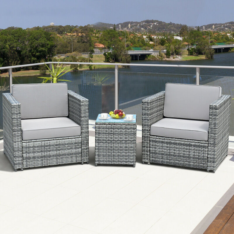 3-Piece Patio Garden Rattan Furniture Set with Cushioned Sofa and Coffee Table
