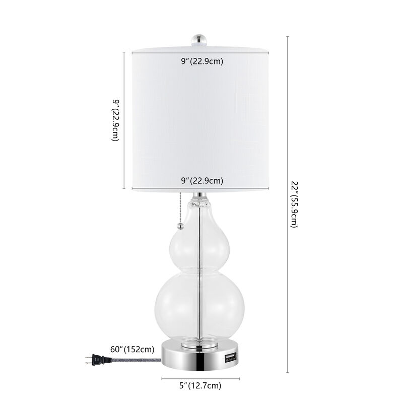 HomeRoots Set of Two 22" Clear And Silver Double Gourd USB Lamps With Drum Shades image number 5