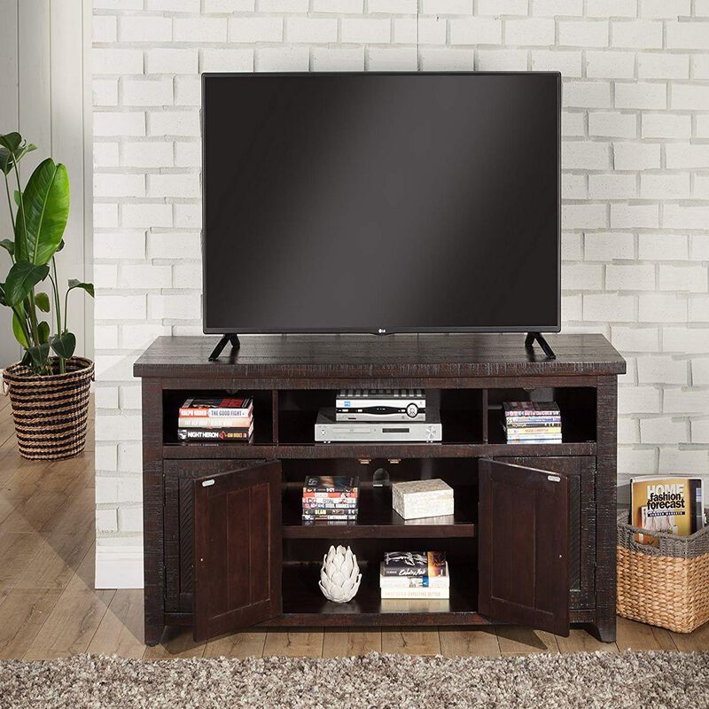 Wooden TV Stand With 3 Shelves and Cabinets, Espresso Brown-Benzara