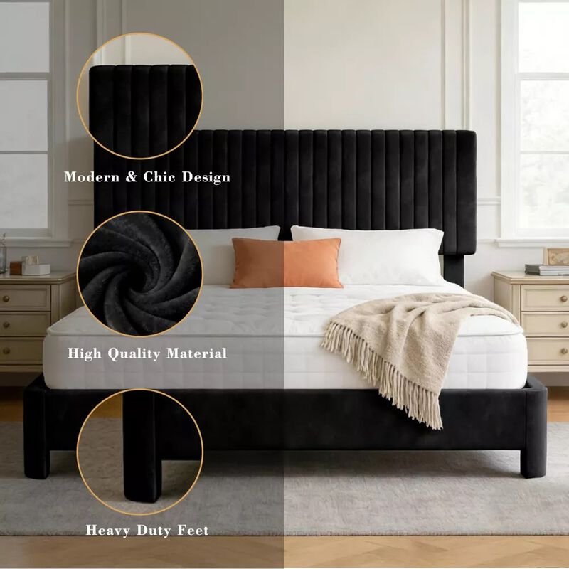 Vipbear Black Velvet Upholstered Platform Bed Frame with Headboard, Wood Slat Support, Easy Assembly image number 8