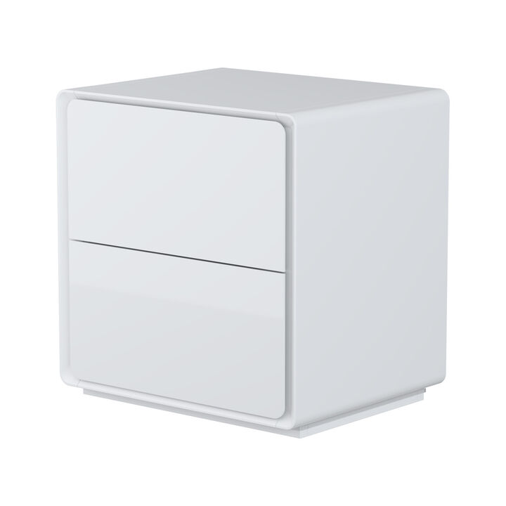 FUFU&GAGA LED Nightstand with 2 Drawers and USB Charging Port, High Gloss MDF Construction, Modern Design (19.6" W x 20" H x 15.7" D),White