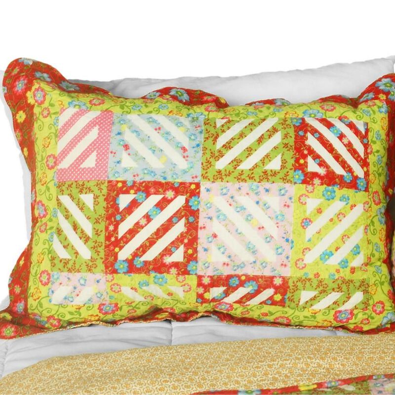 3 Piece Queen Size Cotton Quilt Set with Vermicelli Quilted Print Design-Green image number 3
