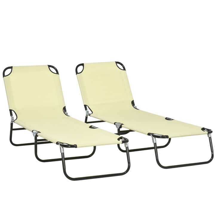 Outsunny 2 Piece Folding Chaise Lounge Pool Chairs, Outdoor Sun Tanning Chairs with Pillow, 5-Level Reclining Back, Steel Frame & Breathable Mesh for Beach, Yard, Patio, Beige