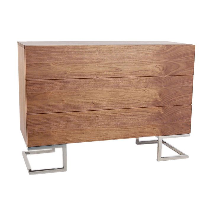 Sam 39 Inch Dresser, 3 Drawers, Sleek Chrome Steel Legs, Walnut Brown Wood