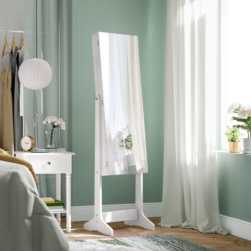 Mirror Jewelry Armoire with Lock, Freestanding Design, and 2 Plastic Cosmetic Storage Compartments