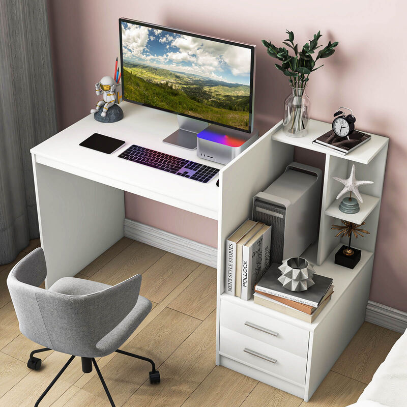 Computer Desk Home Office with Bookshelf and Drawers-White